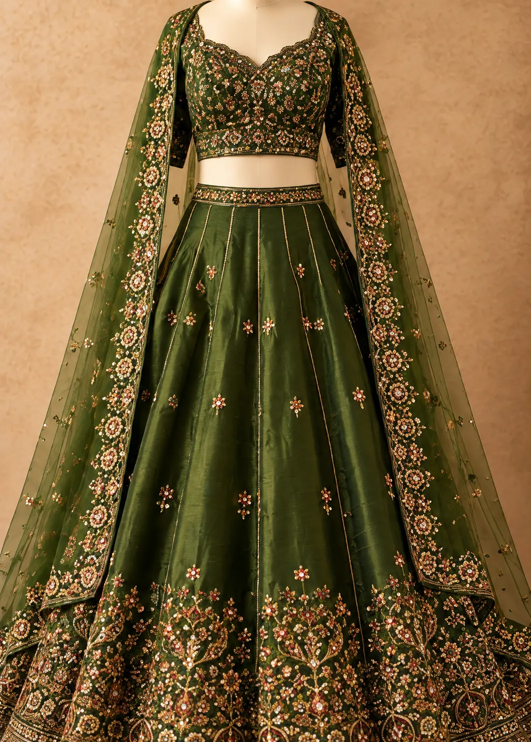 Green Silk Engagement Lehenga with Embroidered Elbow Sleeve Blouse
