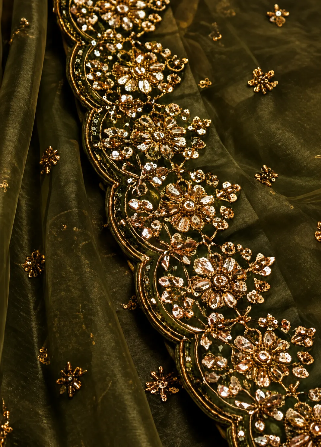Green Silk Engagement Lehenga with Embroidered Elbow Sleeve Blouse
