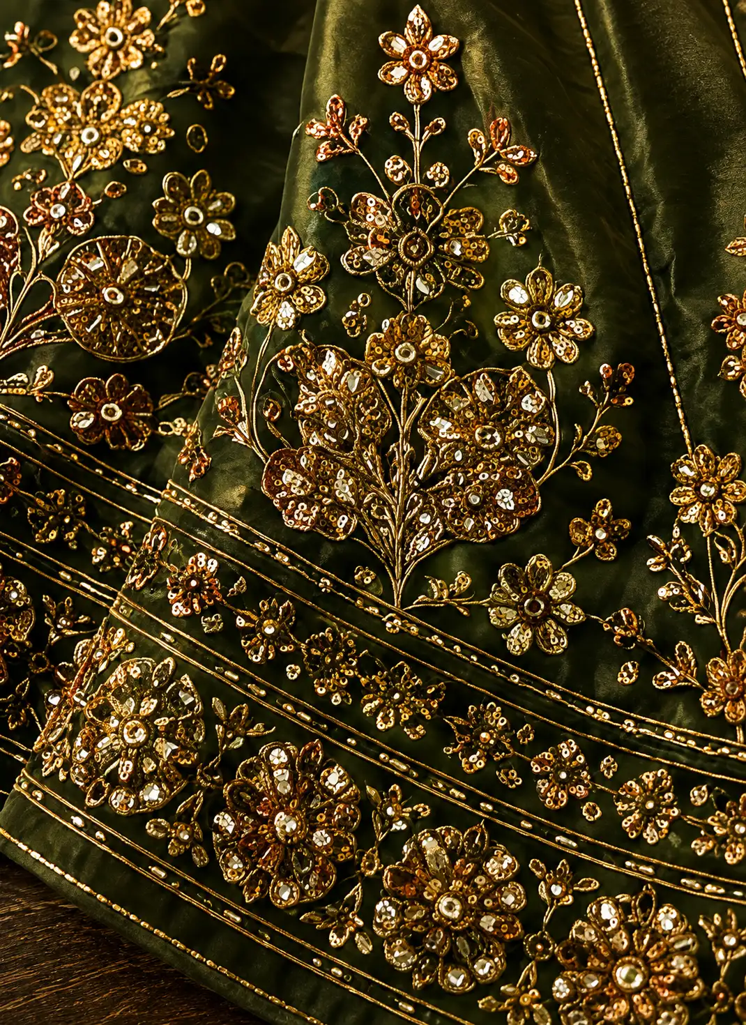 Green Silk Engagement Lehenga with Embroidered Elbow Sleeve Blouse