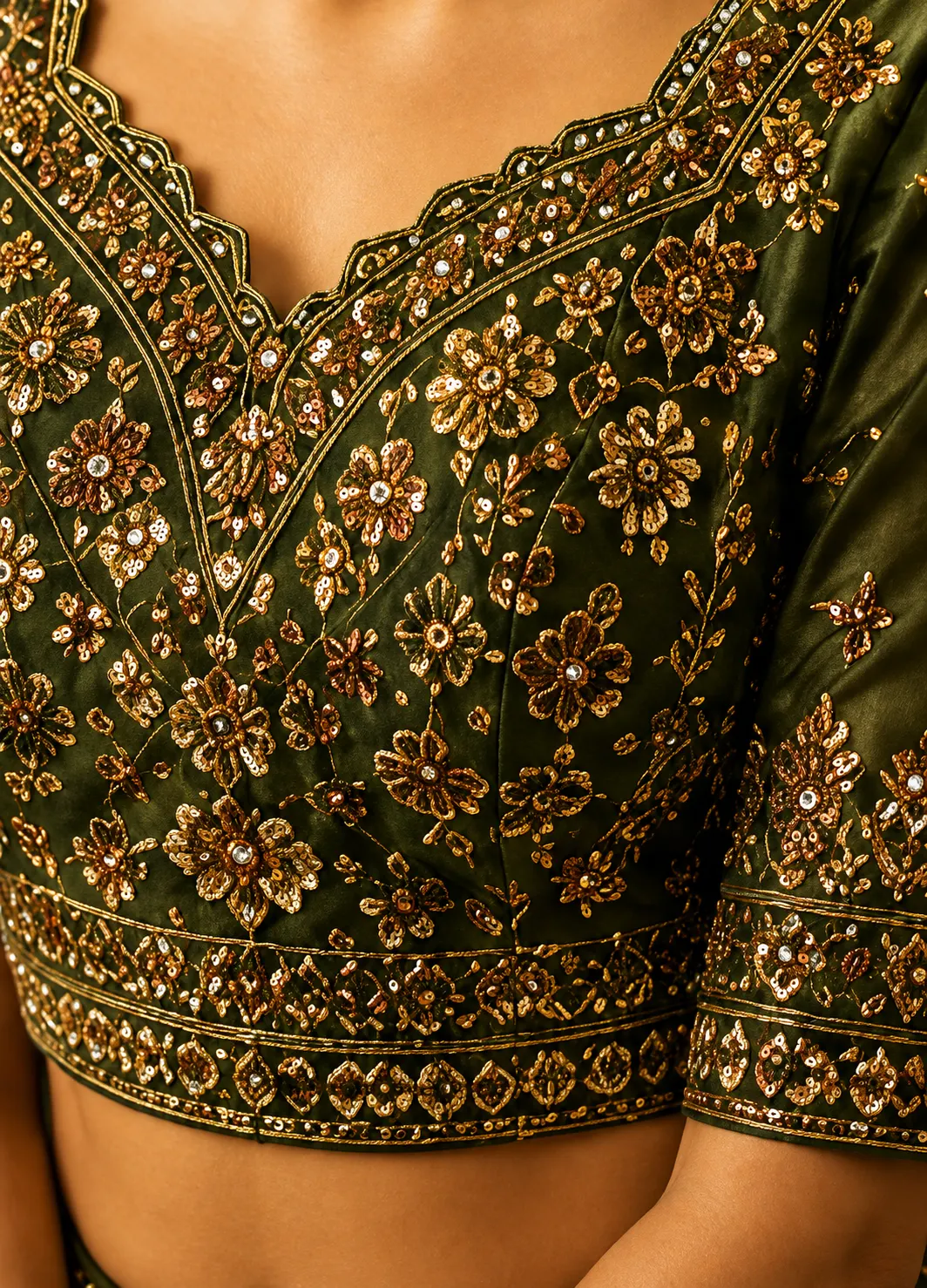 Green Silk Engagement Lehenga with Embroidered Elbow Sleeve Blouse