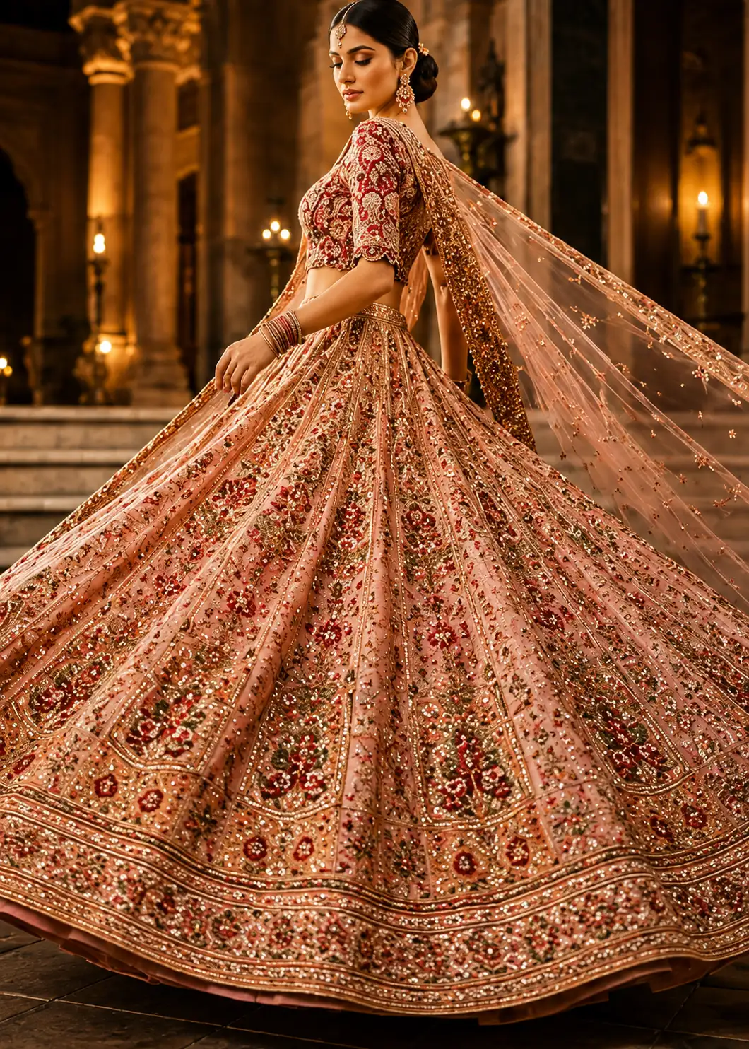 Pink and Red Resham Embroidered Silk Wedding Lehenga with Elbow Sleeves