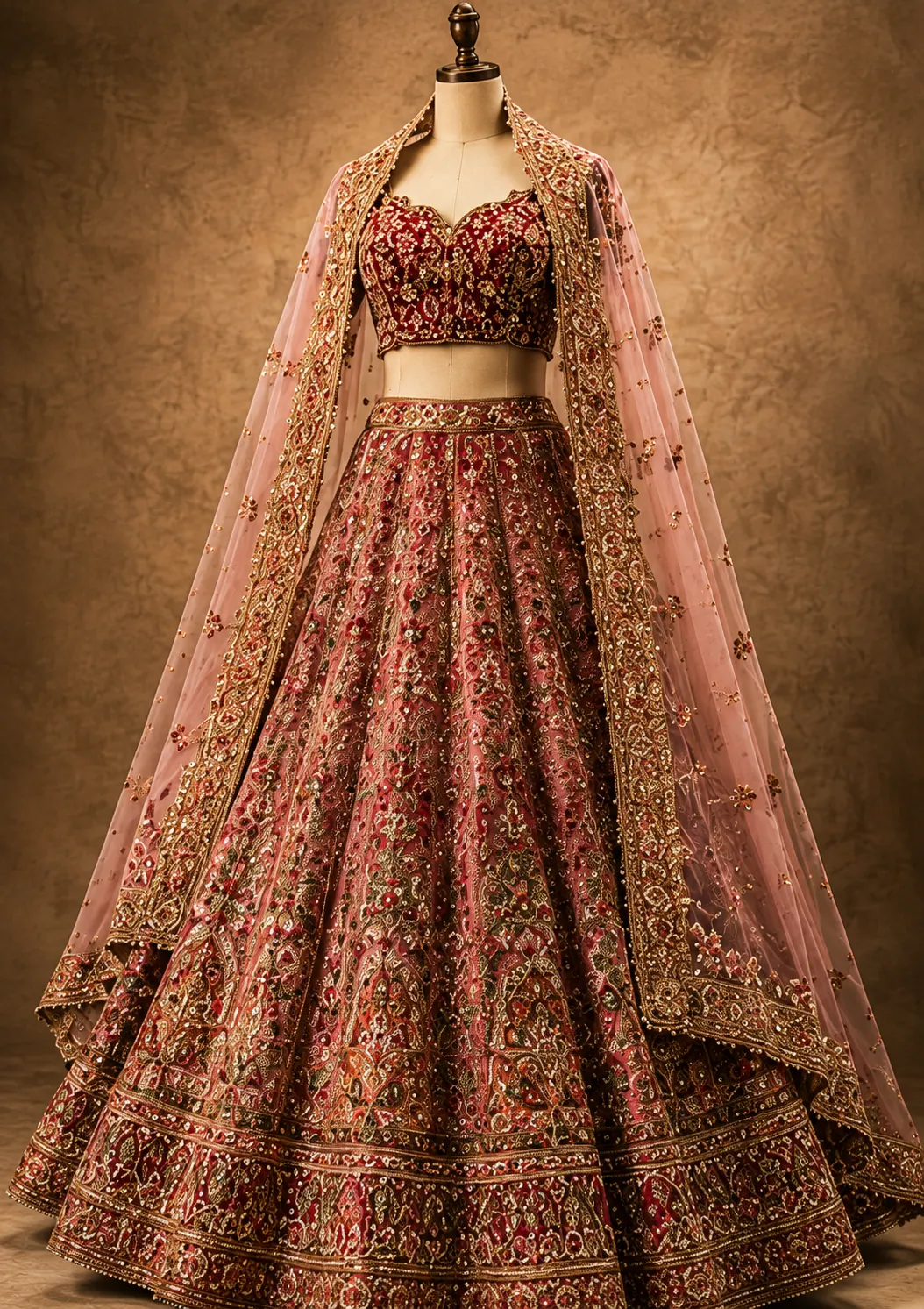 Pink and Red Resham Embroidered Silk Wedding Lehenga with Elbow Sleeves