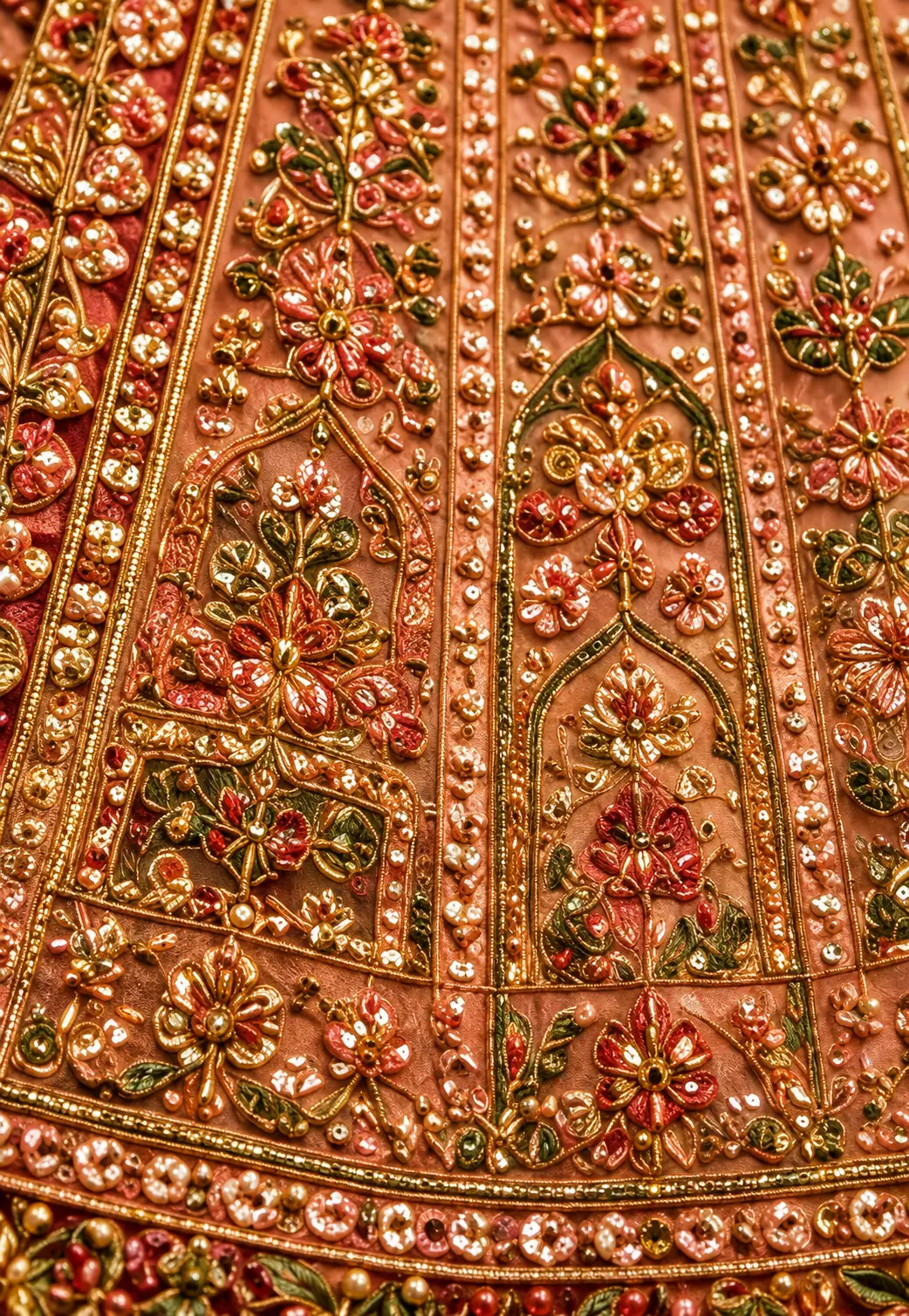 Pink and Red Resham Embroidered Silk Wedding Lehenga with Elbow Sleeves