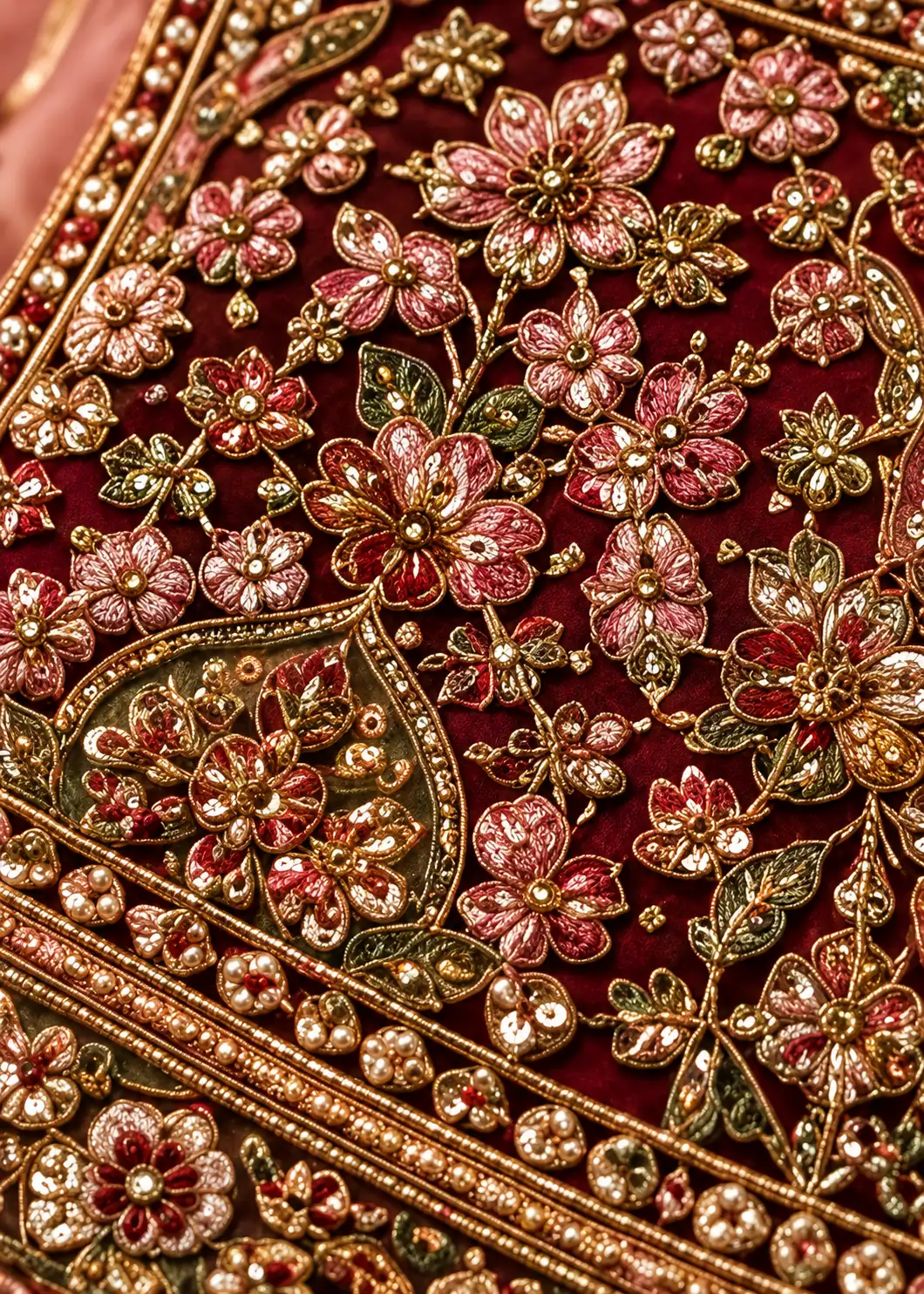 Pink and Red Resham Embroidered Silk Wedding Lehenga with Elbow Sleeves