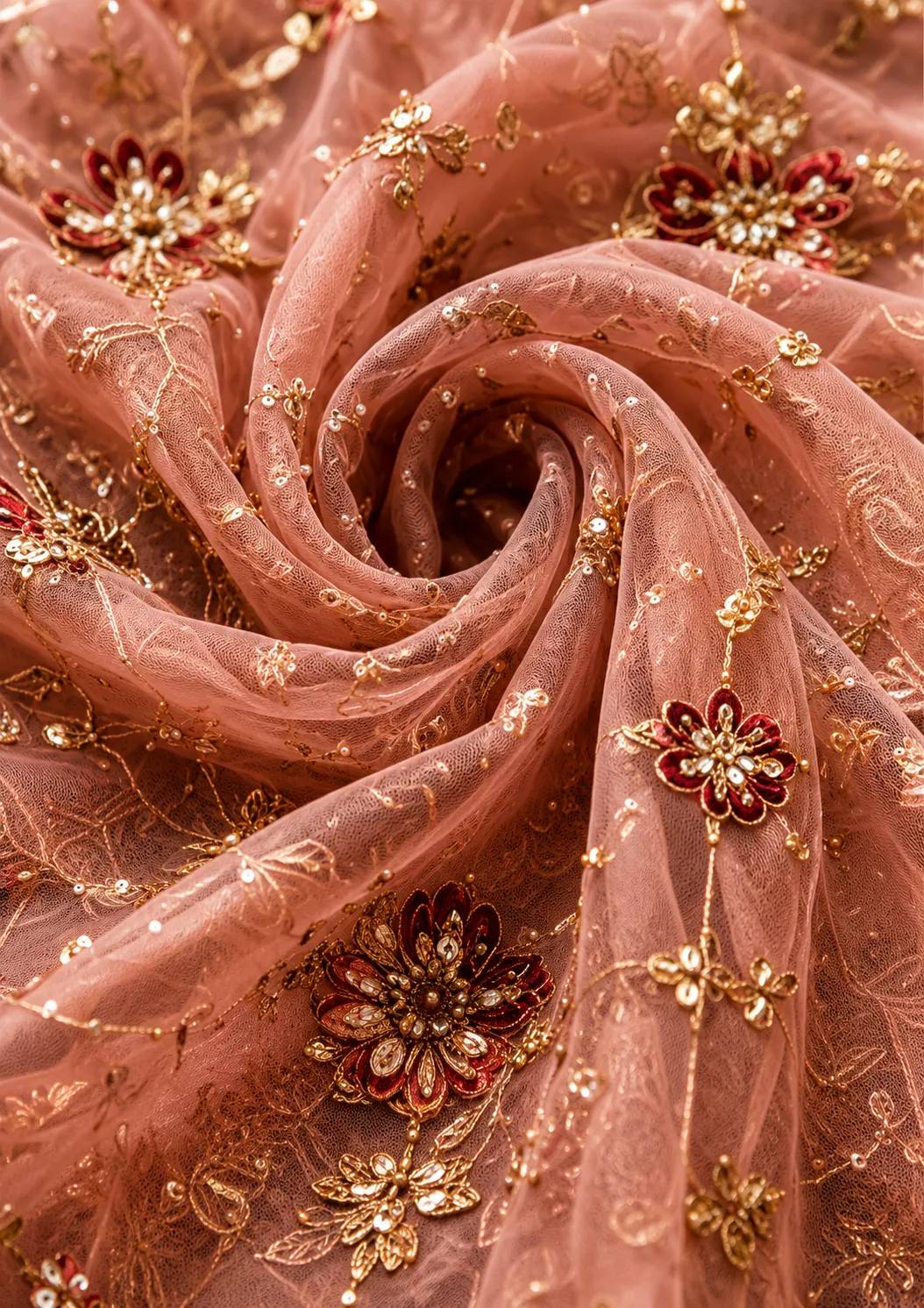 Pink and Red Resham Embroidered Silk Wedding Lehenga with Elbow Sleeves