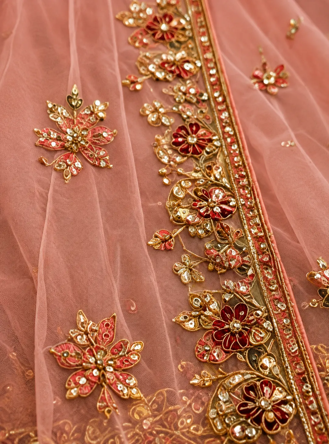 Pink and Red Resham Embroidered Silk Wedding Lehenga with Elbow Sleeves
