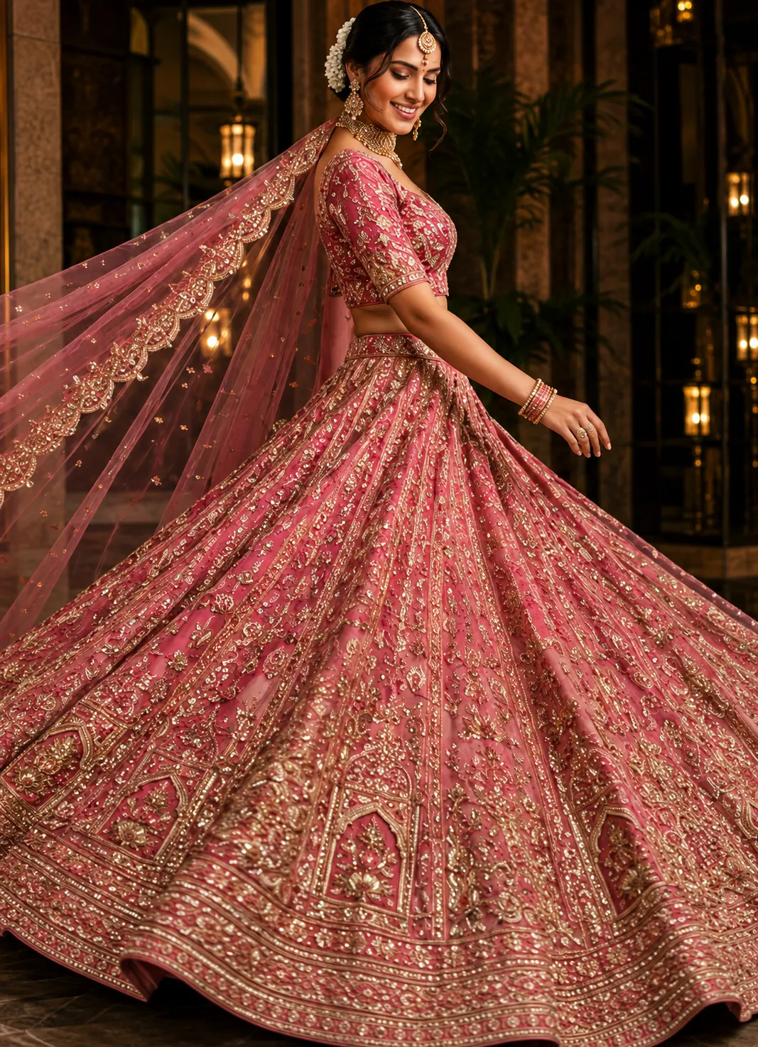 Pink Zardosi Embroidered Tissue Bridal Lehenga with Unstitched Blouse