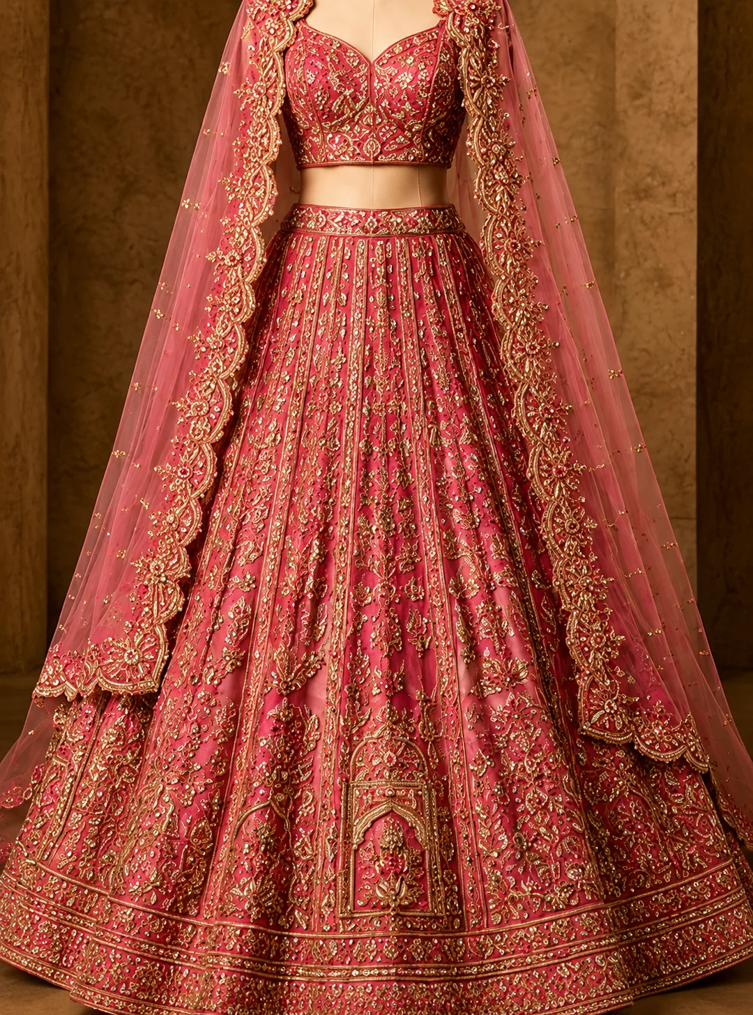 Pink Zardosi Embroidered Tissue Bridal Lehenga with Unstitched Blouse