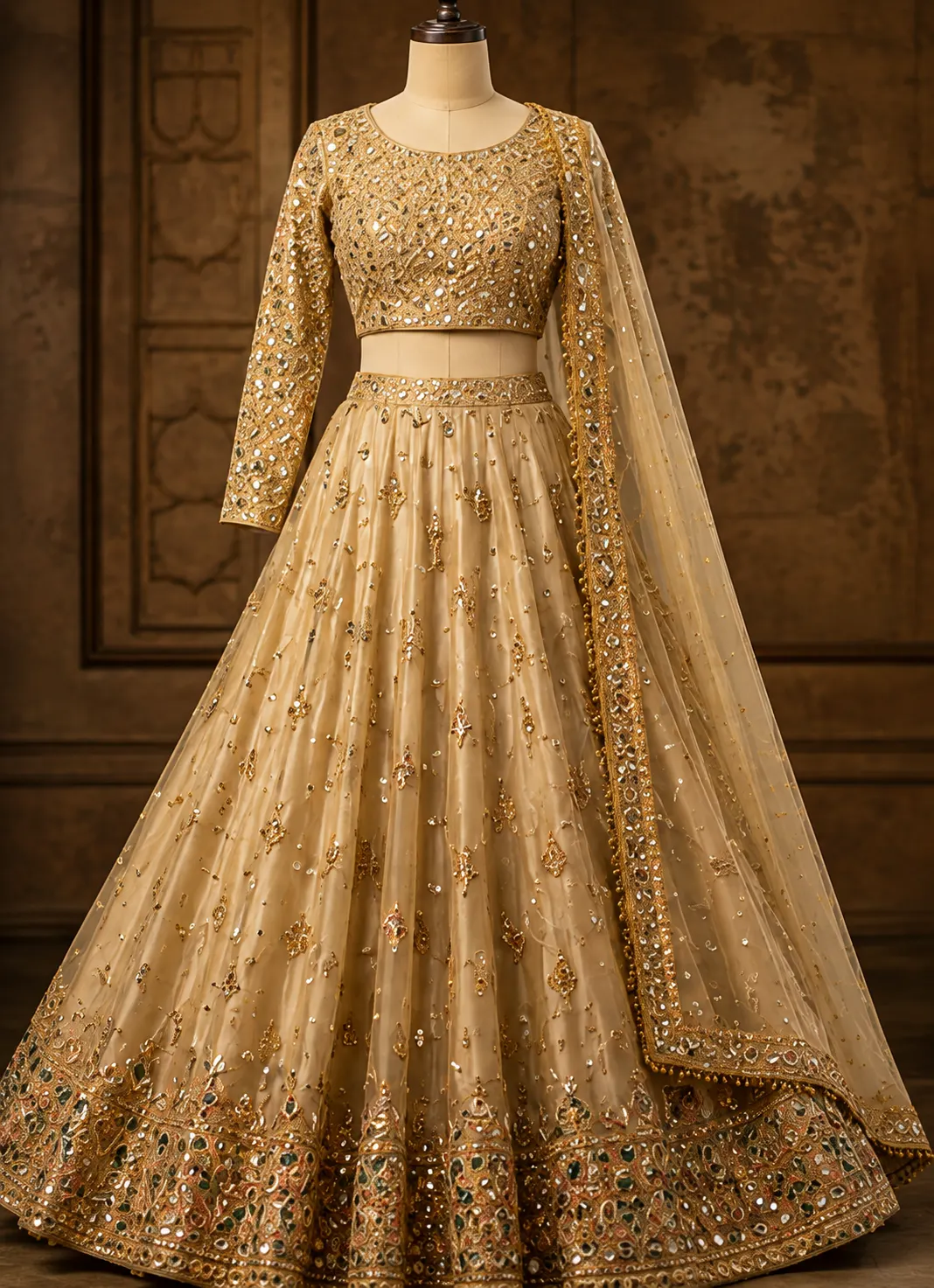 Gold Tissue Designer Lehenga with Embroidered Round Neck Blouse