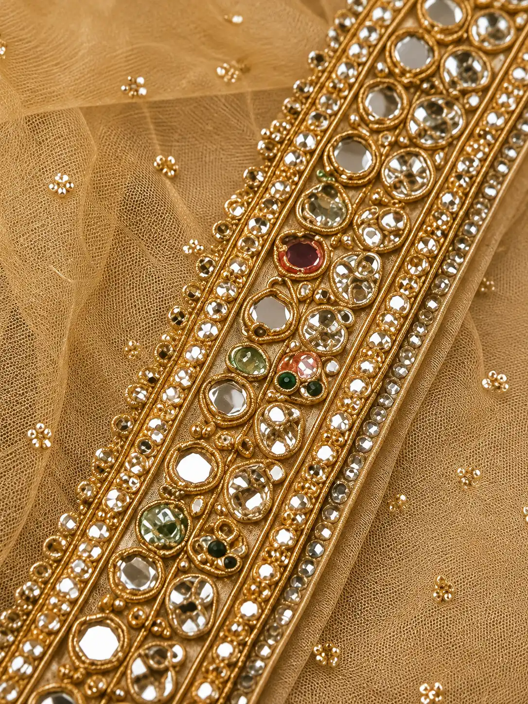 Gold Tissue Designer Lehenga with Embroidered Round Neck Blouse
