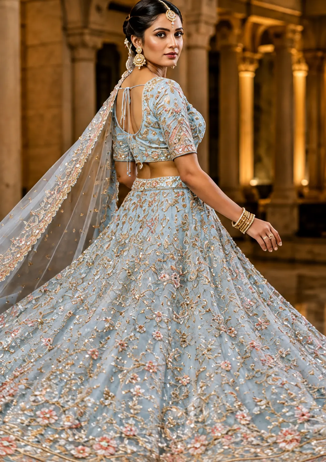 Light Blue Zari Embroidered Tissue Designer Lehenga with Pentagon Neck Blouse