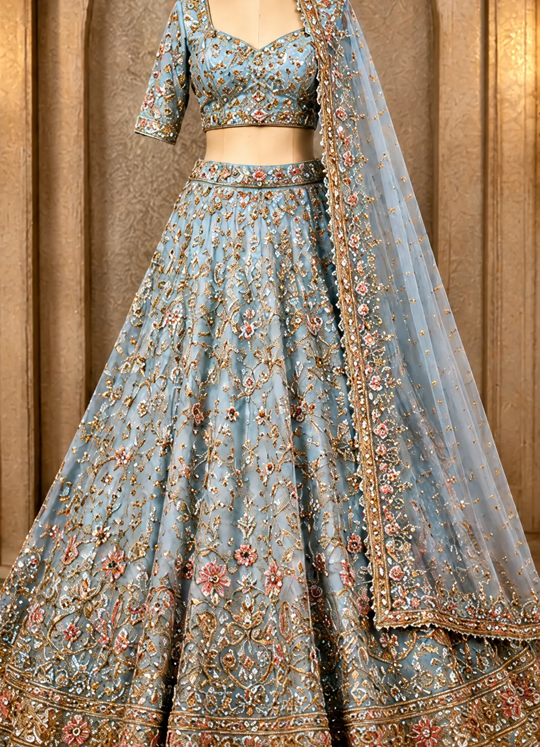Light Blue Zari Embroidered Tissue Designer Lehenga with Pentagon Neck Blouse