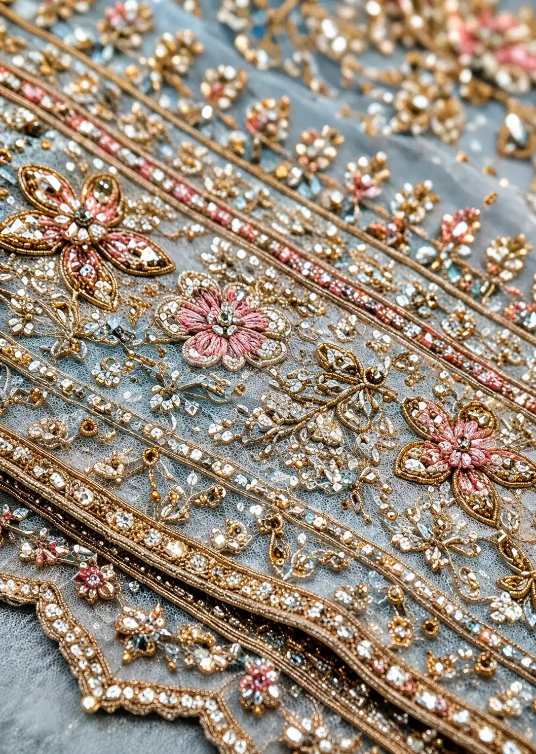 Light Blue Zari Embroidered Tissue Designer Lehenga with Pentagon Neck Blouse