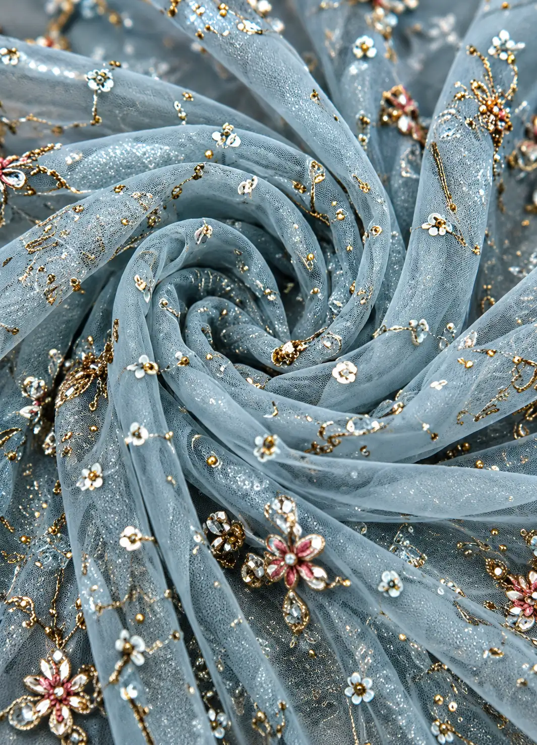 Light Blue Zari Embroidered Tissue Designer Lehenga with Pentagon Neck Blouse