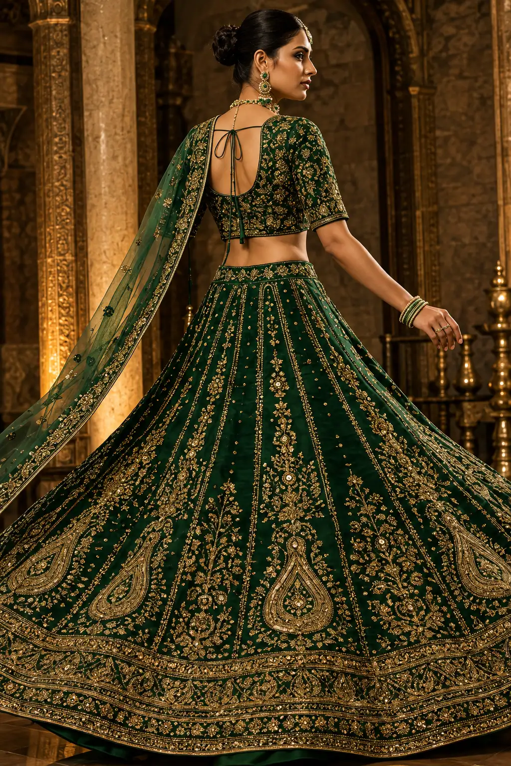Green Zari Embroidered Silk Mehendi Lehenga with Elbow Sleeves Blouse