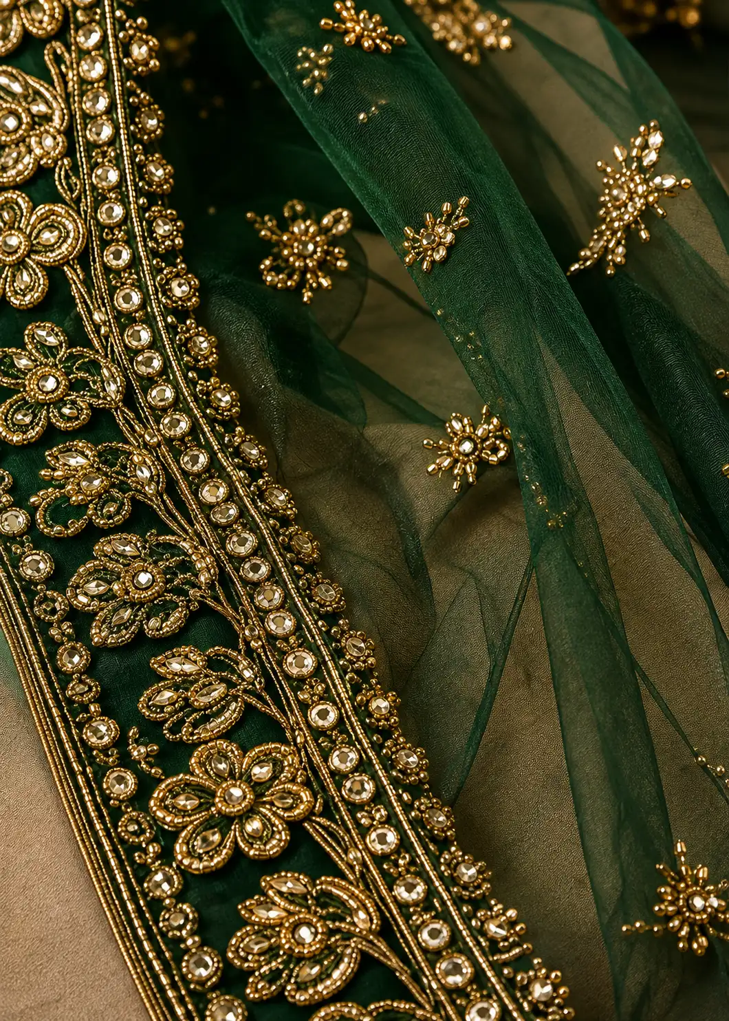 Green Zari Embroidered Silk Mehendi Lehenga with Elbow Sleeves Blouse