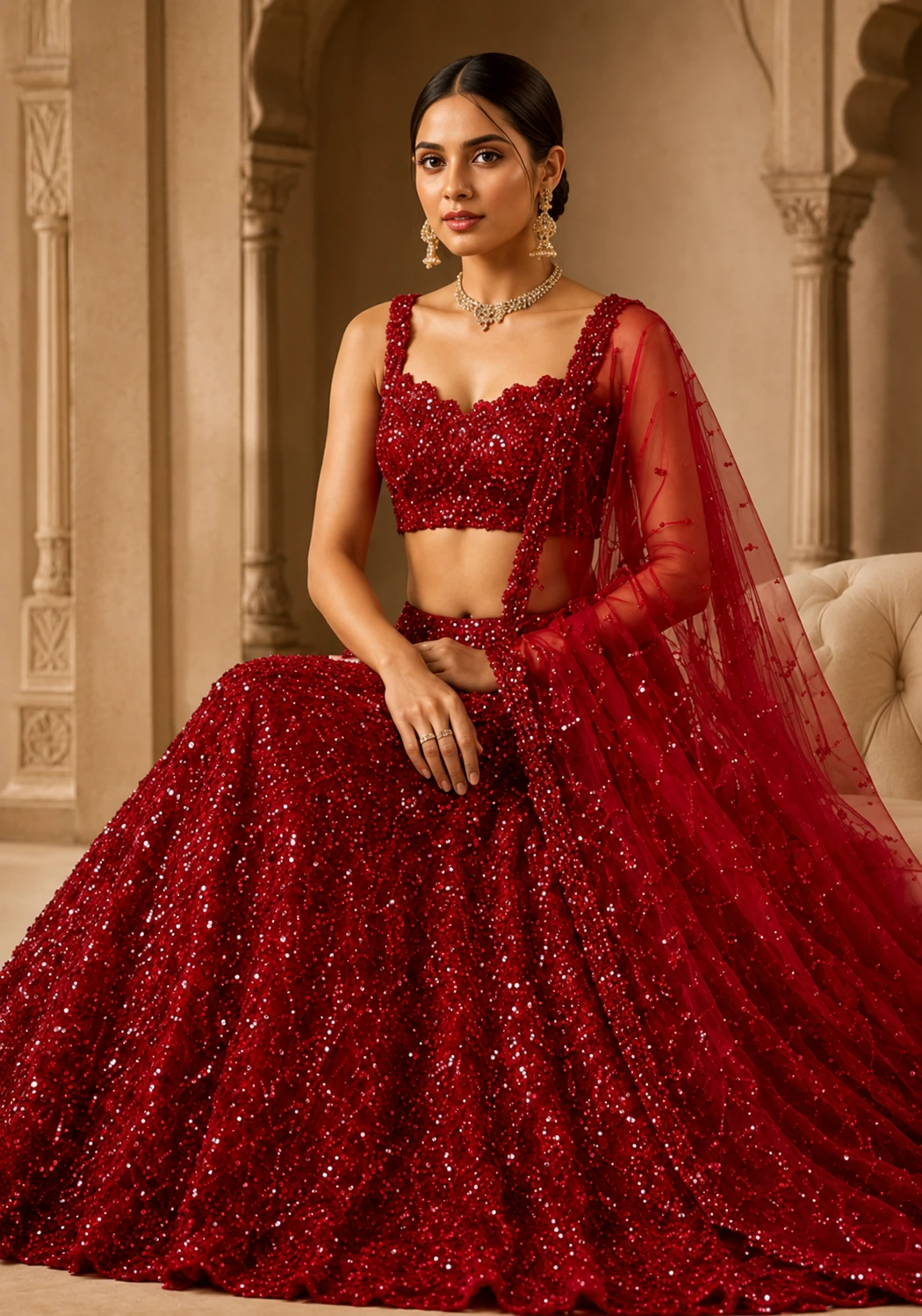 Red Sequins Embroidered Net Sangeet Lehenga with Strap Sleeves Blouse