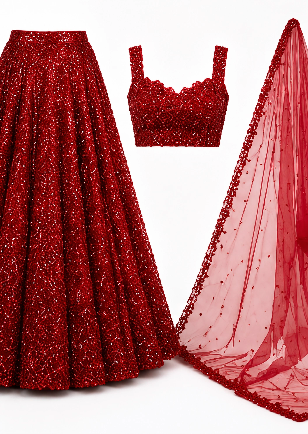 Red Sequins Embroidered Net Sangeet Lehenga with Strap Sleeves Blouse