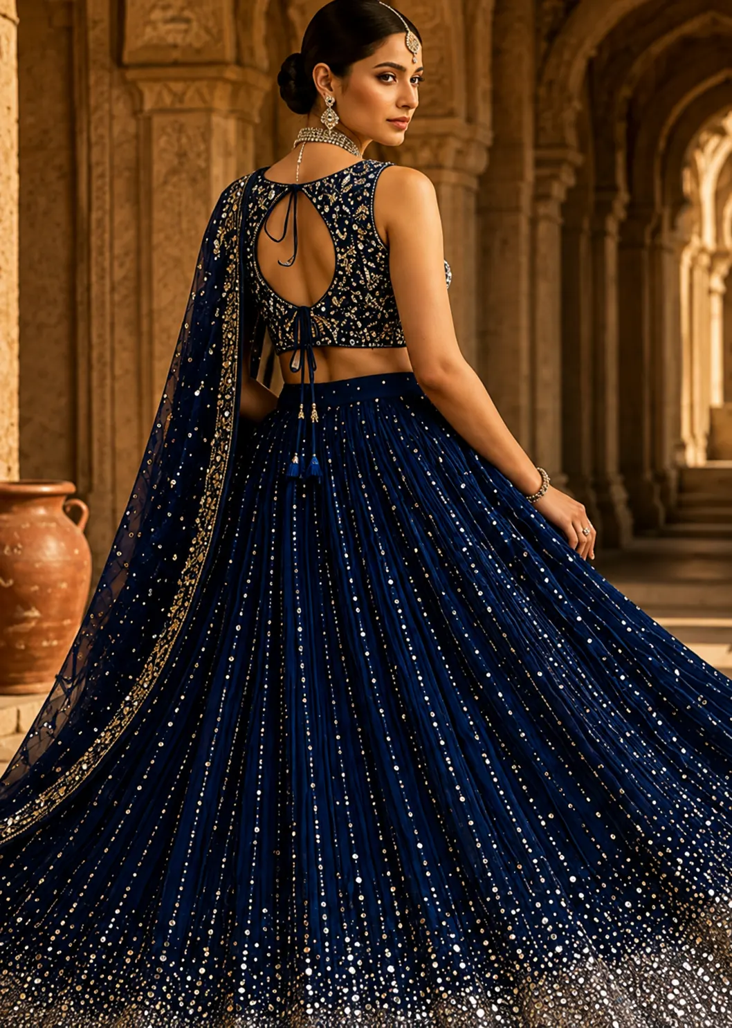 Navy Blue Crepe Sangeet Lehenga with Embroidered Sleeveless Blouse and Draped Dupatta