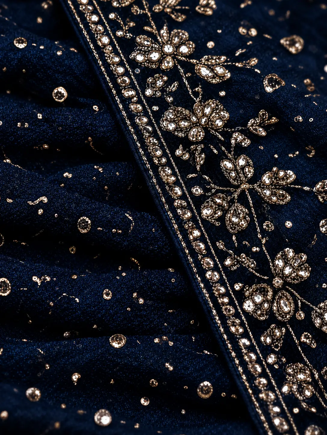 Navy Blue Crepe Sangeet Lehenga with Embroidered Sleeveless Blouse and Draped Dupatta