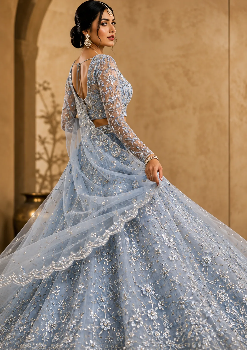 Blue Net Designer Lehenga with Embroidered Full Sleeve Blouse