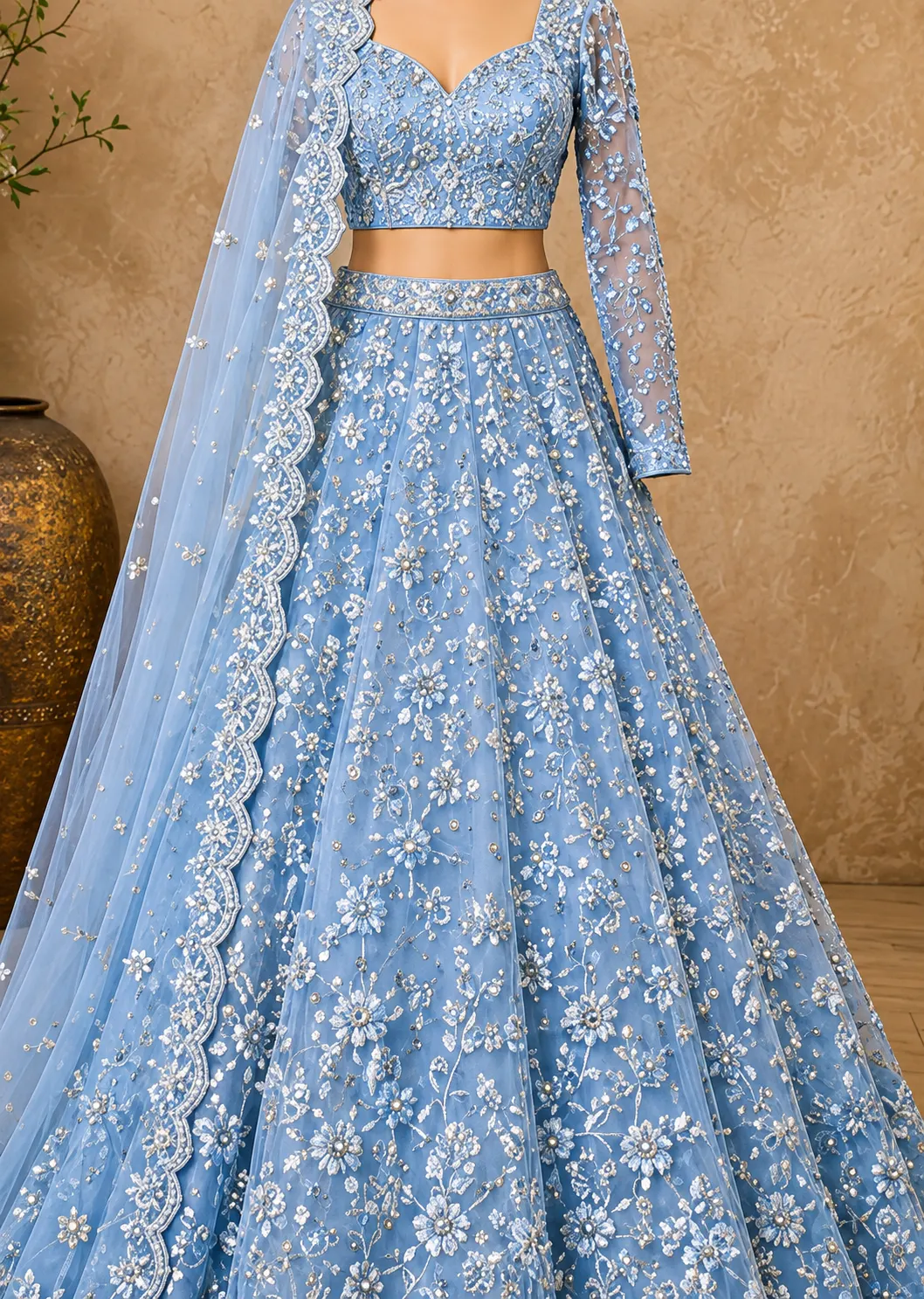 Blue Net Designer Lehenga with Embroidered Full Sleeve Blouse