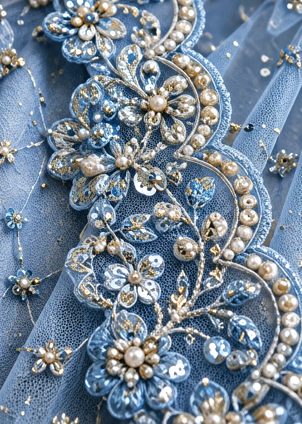 Blue Net Designer Lehenga with Embroidered Full Sleeve Blouse