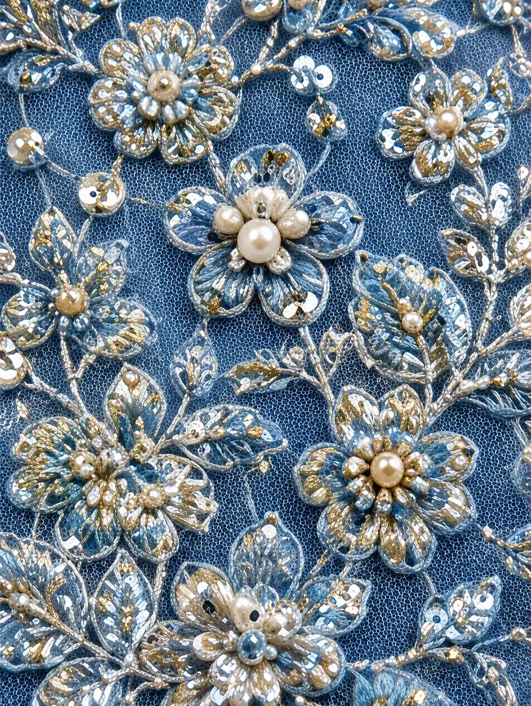 Blue Net Designer Lehenga with Embroidered Full Sleeve Blouse