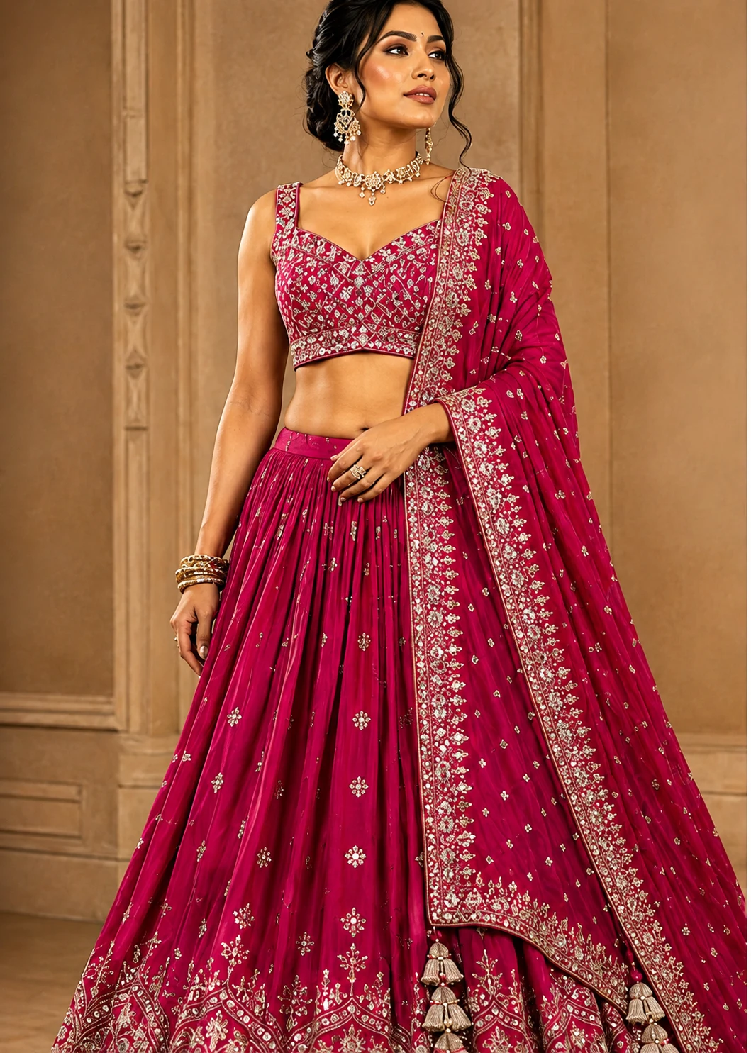 Magenta Pink Zari Embroidered Designer Lehenga with Reaymade Blouse