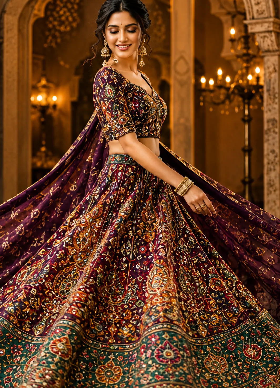 Multicolor Resham Embroidered Georgette Bridesmaids Lehenga with Elbow Sleeves Blouse