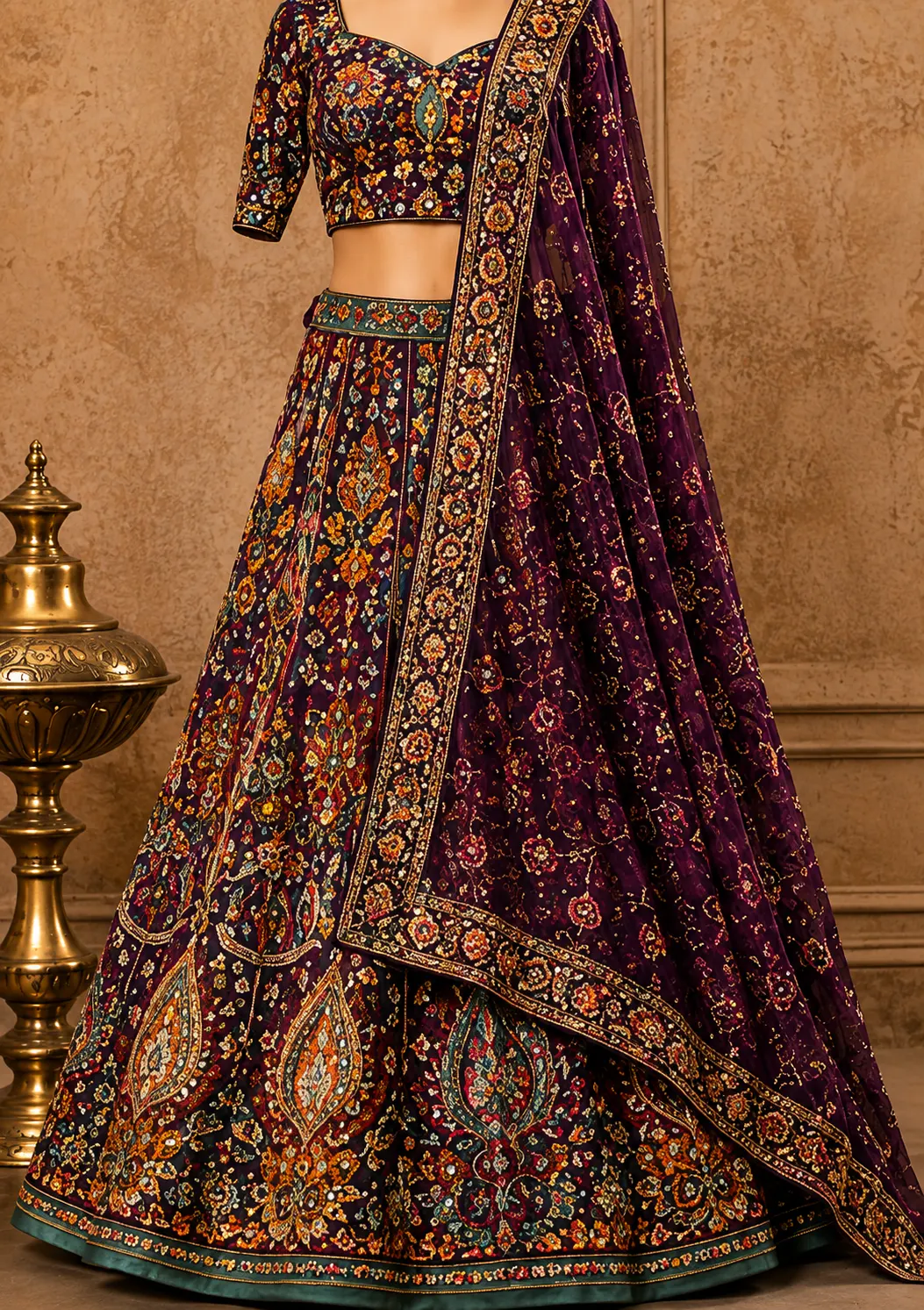 Multicolor Resham Embroidered Georgette Bridesmaids Lehenga with Elbow Sleeves Blouse