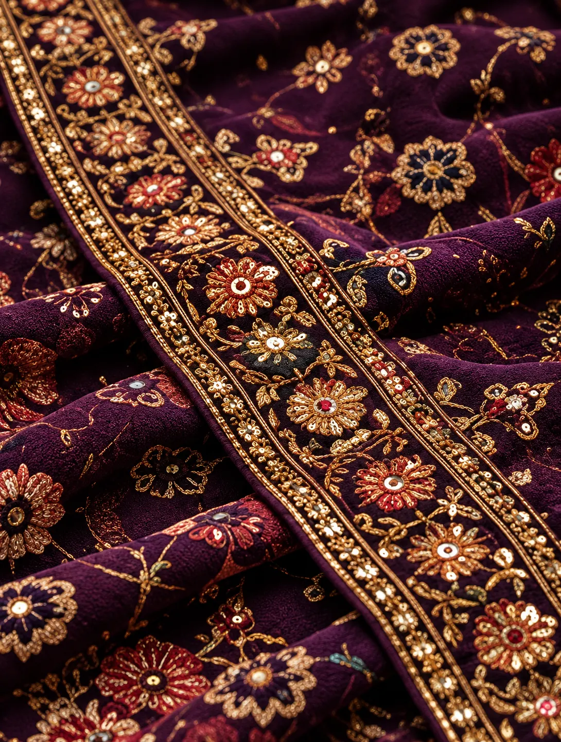 Multicolor Resham Embroidered Georgette Bridesmaids Lehenga with Elbow Sleeves Blouse