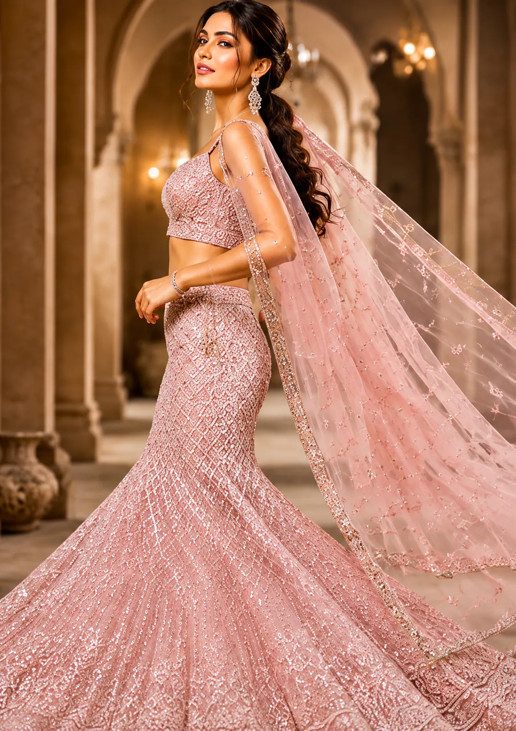 Pastel Pink Sequins Embroidered Net Fish Cut Lehenga with Sweet Heart Neck