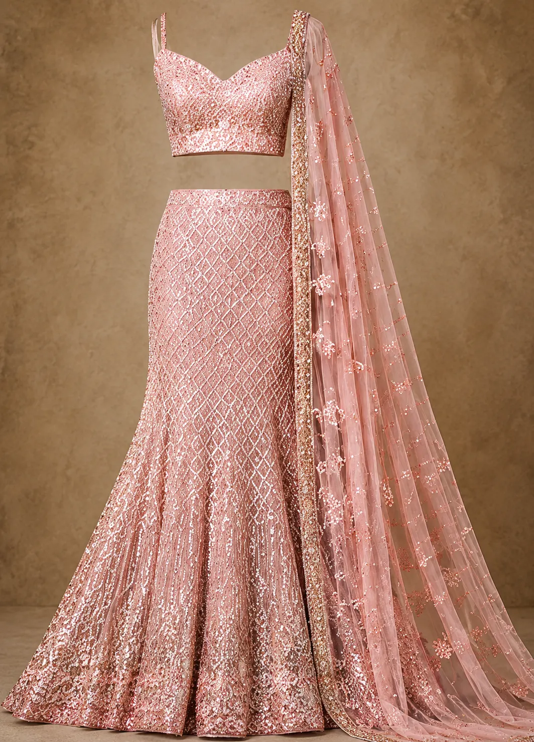 Pastel Pink Sequins Embroidered Net Fish Cut Lehenga with Sweet Heart Neck