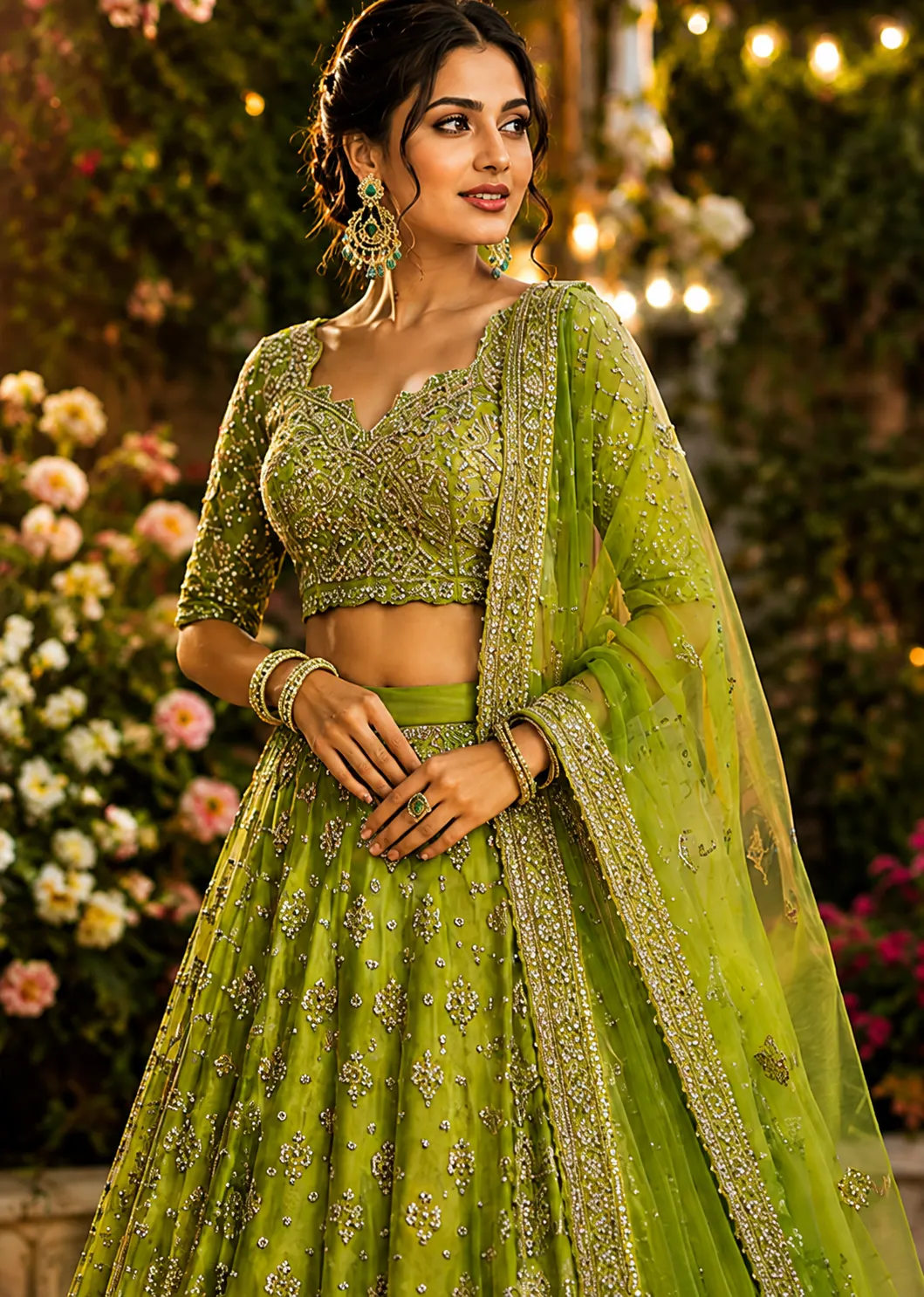 Parrot Green Sequins Embroidered Banarasi Silk Reception Lehenga with Leaf Neck Blouse