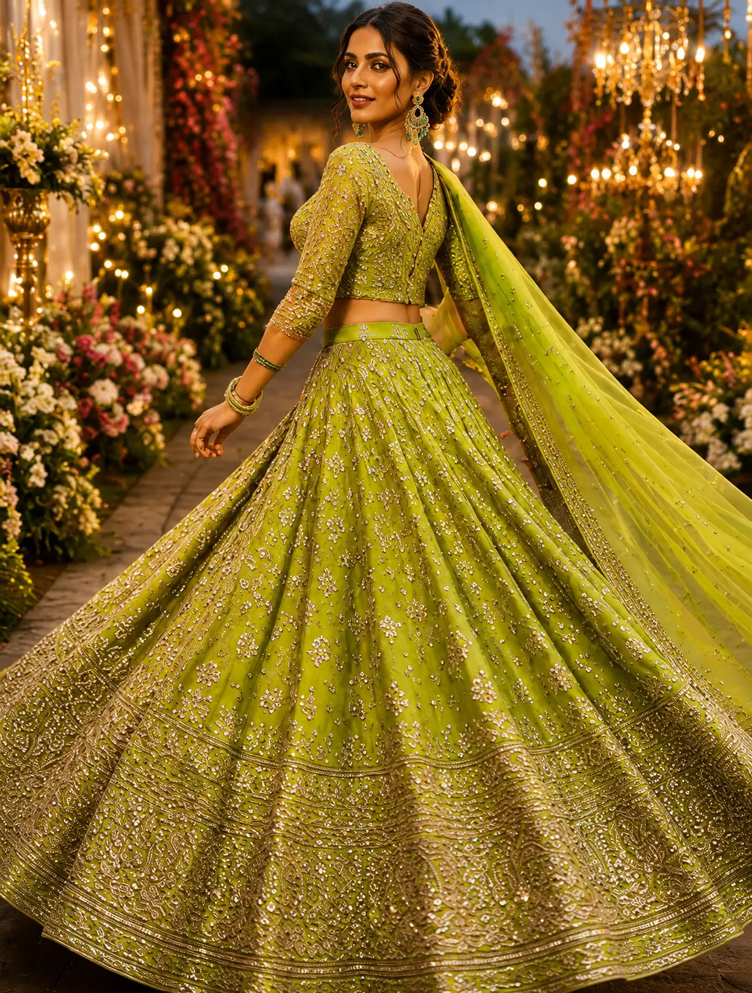 Parrot Green Sequins Embroidered Banarasi Silk Reception Lehenga with Leaf Neck Blouse