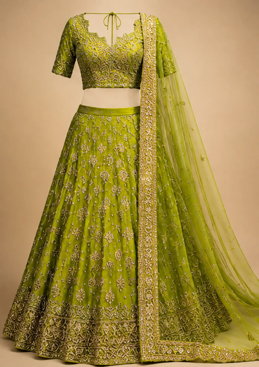 Parrot Green Sequins Embroidered Banarasi Silk Reception Lehenga with Leaf Neck Blouse