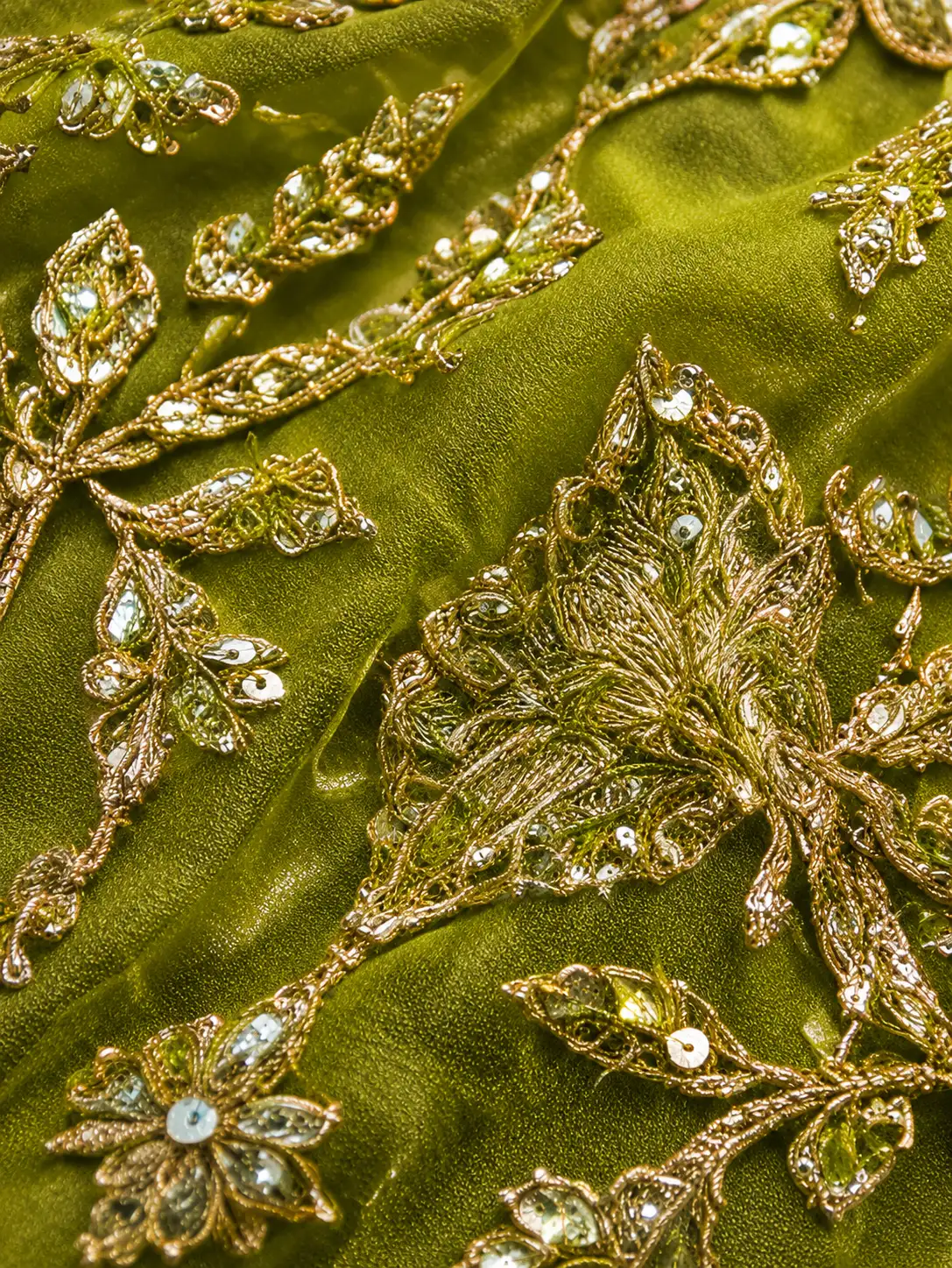 Parrot Green Sequins Embroidered Banarasi Silk Reception Lehenga with Leaf Neck Blouse